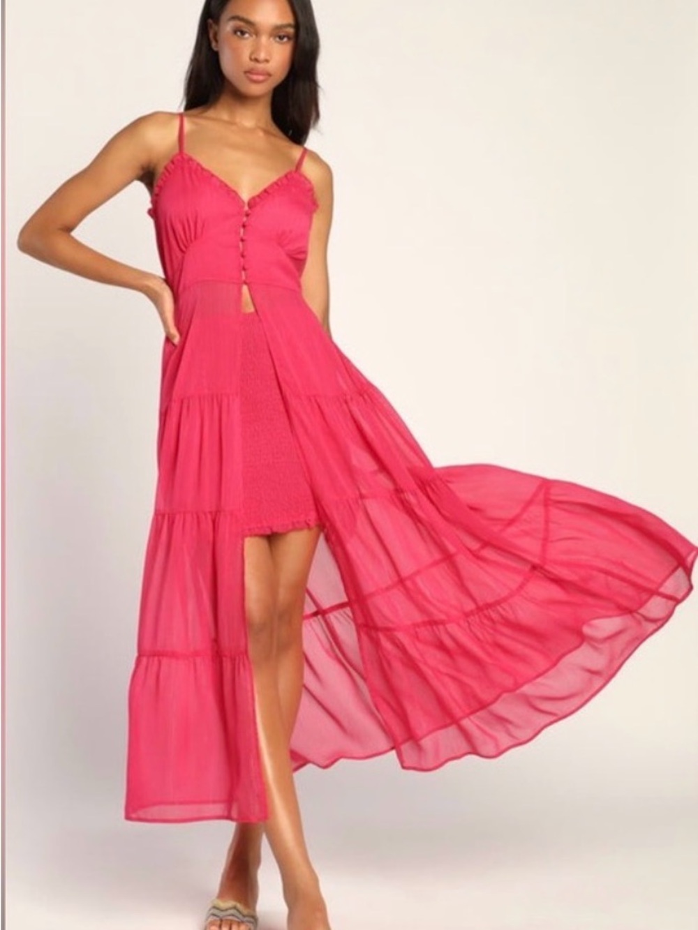 Lulu's Hot Pink High-Low Tiered Spaghetti-Strap Dress